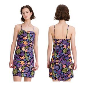 Vans Floral Slip Dress Tropical Sundress Black Neon Sleeveless size M